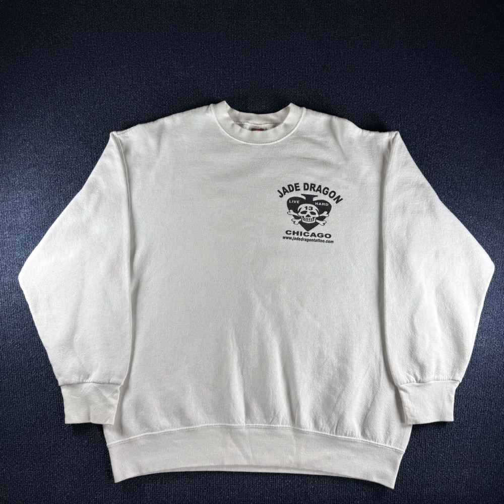 Vintage Fruit of the Loom Jade Dragon Tattoo Chicago Sweatshirt White XL Skull